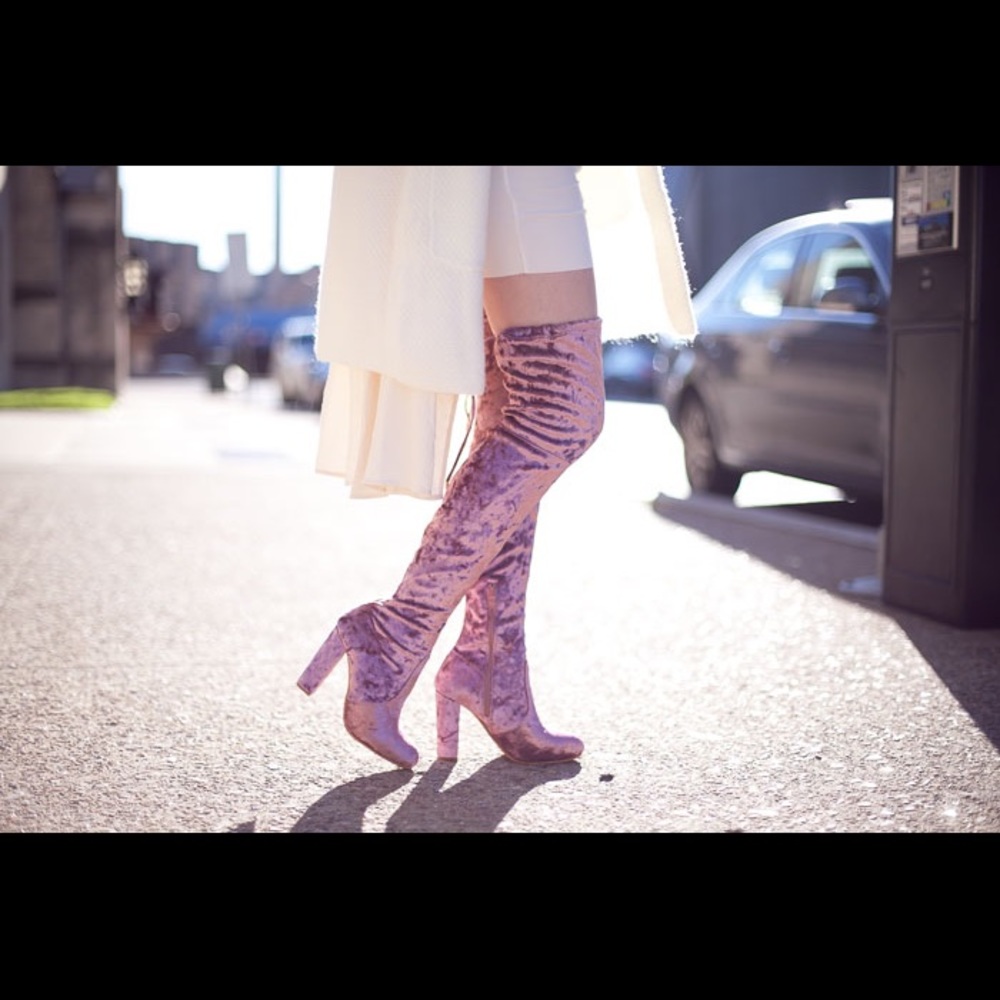 Crushed Velet pink thigh boots